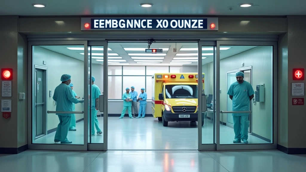 Emergency department entrance with automatic sliding doors, hospital signage, ambulance in background, medical professionals 