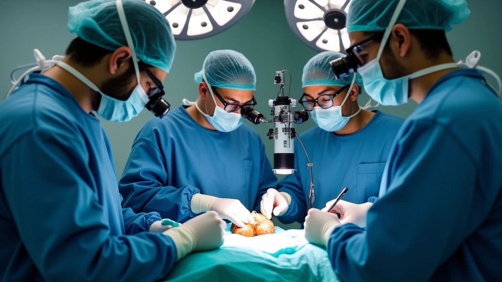 Medical team in operating room performing neurosurgical procedure with specialized surgical microscopes and instruments