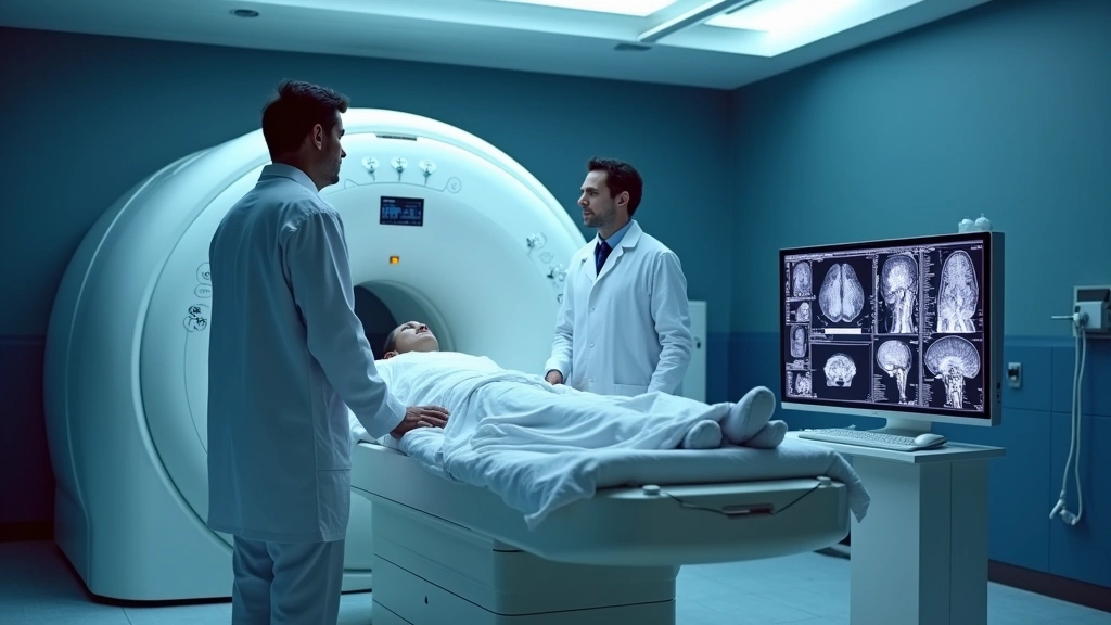 Patient receiving MRI scan in state-of-the-art neuroradiology imaging center with technician monitoring