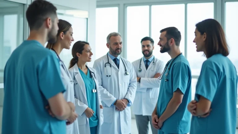 Professional healthcare team in modern hospital setting, diverse medical staff collaborating in bright clinical environment, no text visible