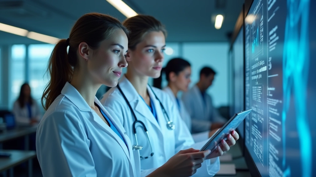 Medical professionals reviewing patient data on digital screens in contemporary healthcare facility, focused work environment