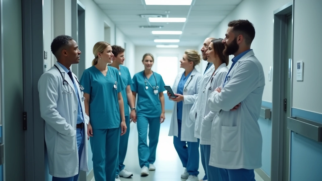 Diverse nurses and doctors in hospital corridor wearing scrubs and white coats, collaborative healthcare team in modern facil