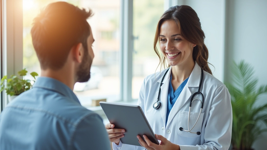 Professional female doctor in white coat during video consultation on tablet with patient, bright medical office background, natural lighting, warm professional atmosphere