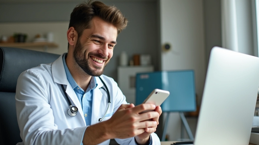 Young man using smartphone app for telemedicine consultation with healthcare provider, sitting at home desk, modern clean env