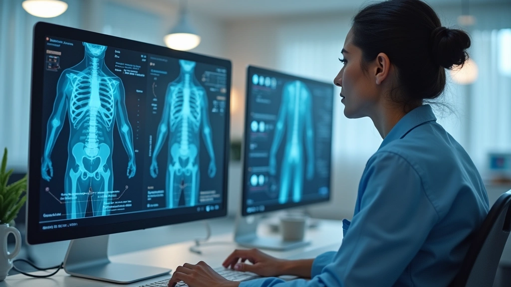 Healthcare provider reviewing patient data on computer screen during virtual appointment, professional medical office setting