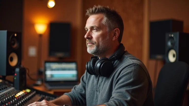 Mature male musician in professional recording studio with modern audio equipment, focused expression, wearing headphones around neck, contemporary studio setting with warm lighting