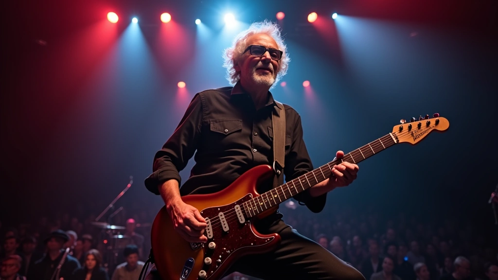 Elderly rock musician performing on stage with electric guitar under stage lights, energetic pose, audience visible in backgr