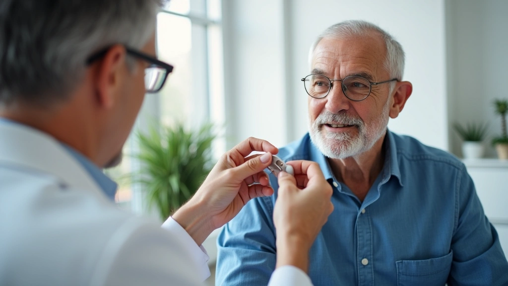 Senior male in modern doctors office during hearing consultation with audiologist, examining hearing aid device, clinical but