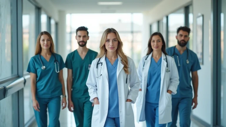 Professional healthcare team in modern hospital corridor, diverse medical staff wearing scrubs and white coats, collaborative healthcare environment, natural lighting, photorealistic