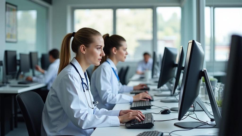 Administrative healthcare professionals working at computer stations in modern office, organized workspace, professional medi
