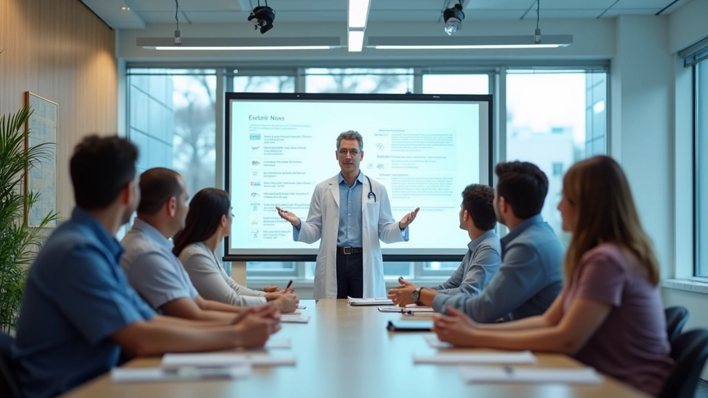 Employee benefits presentation board in bright hospital breakroom, diverse staff reviewing wellness programs, modern healthca