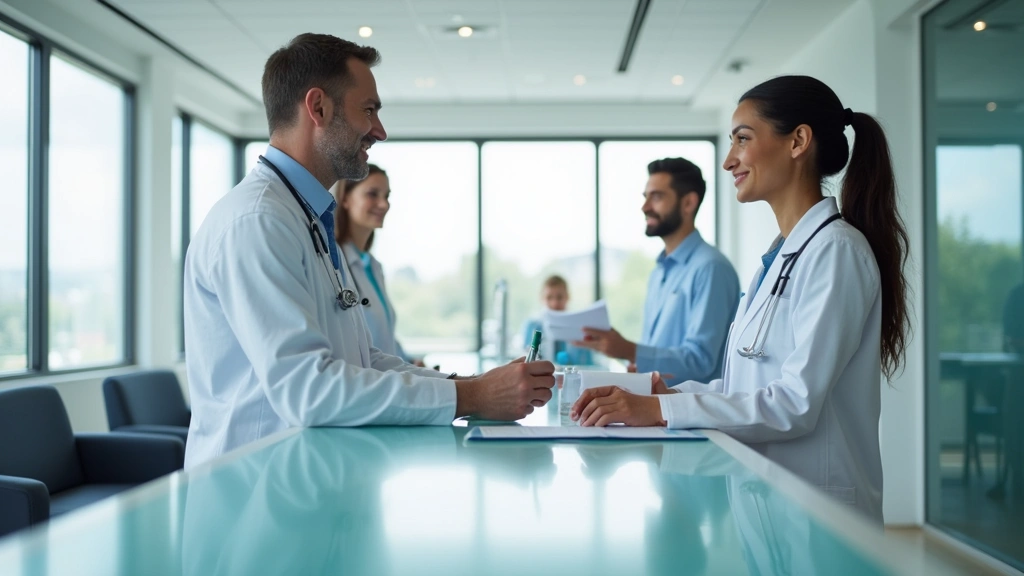 Modern healthcare clinic interior with diverse medical staff at reception desk, professional medical office environment, bright lighting, welcoming atmosphere, no text visible