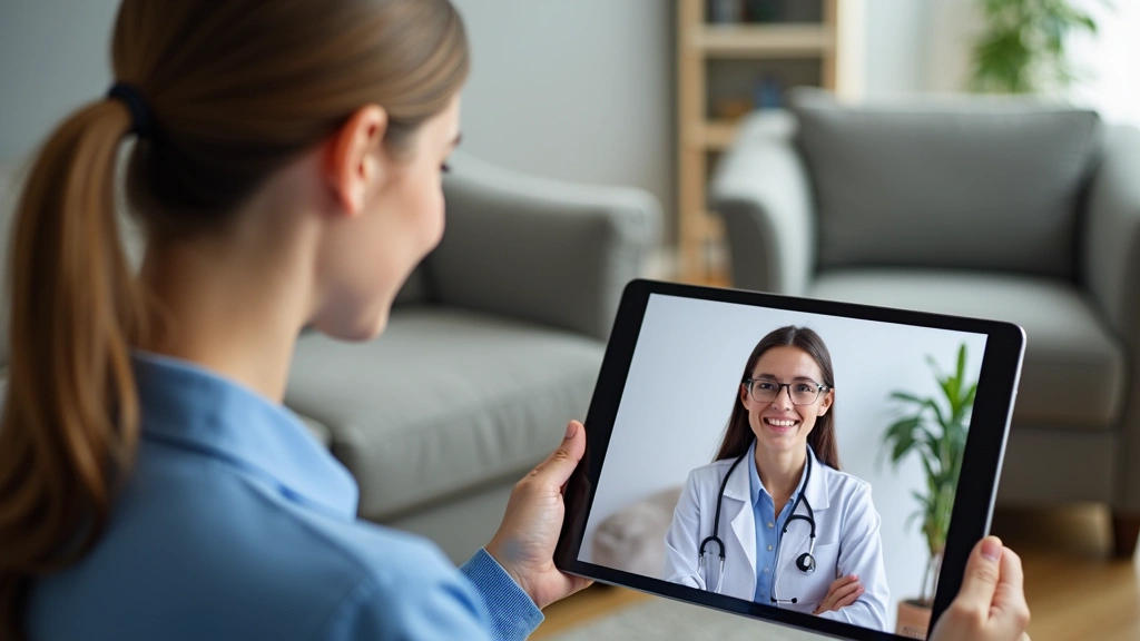 Female patient having virtual telehealth consultation on tablet with healthcare provider, home office setting, comfortable mo