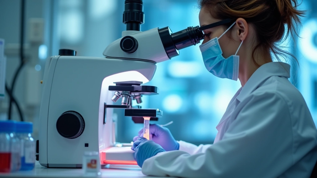 Medical laboratory technician performing blood test analysis, clinical laboratory equipment, professional healthcare setting,