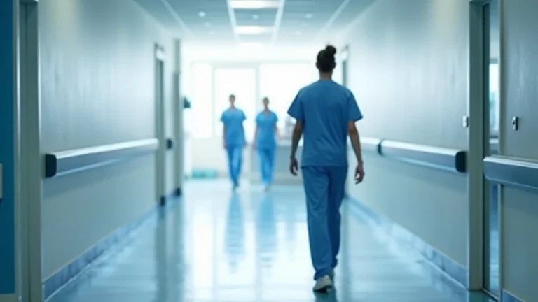 Professional hospital corridor with medical staff walking, modern healthcare facility interior, bright clean environment, no text visible