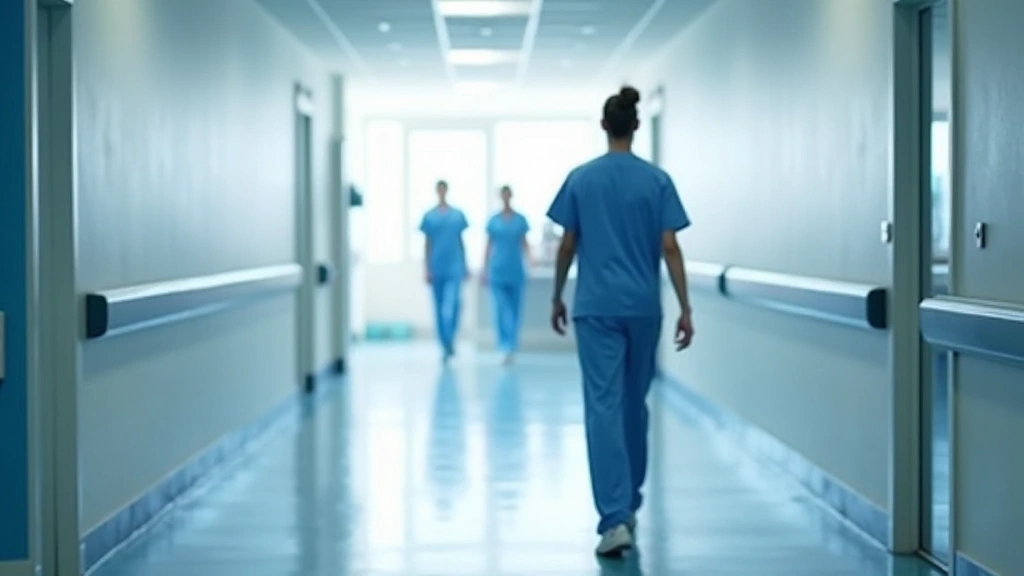 Professional hospital corridor with medical staff walking, modern healthcare facility interior, bright clean environment, no text visible