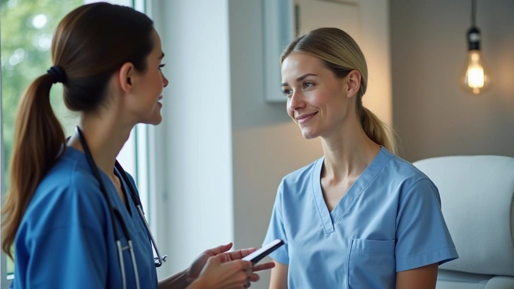Female patient in medical exam room with healthcare provider during consultation, professional clinical setting, warm lightin