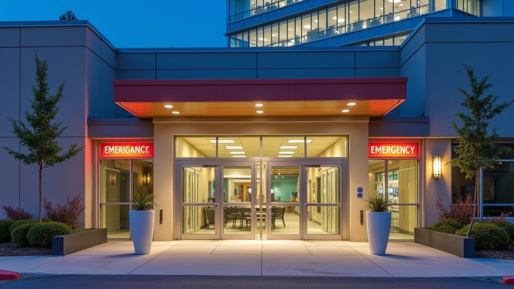 Modern hospital emergency department entrance with automatic doors, professional medical facility exterior, daytime lighting,