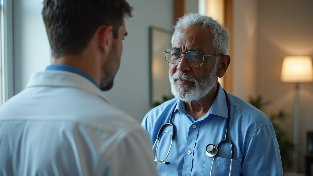 Elderly African American man in professional setting with medical professional discussing treatment options, calm clinical environment with warm lighting