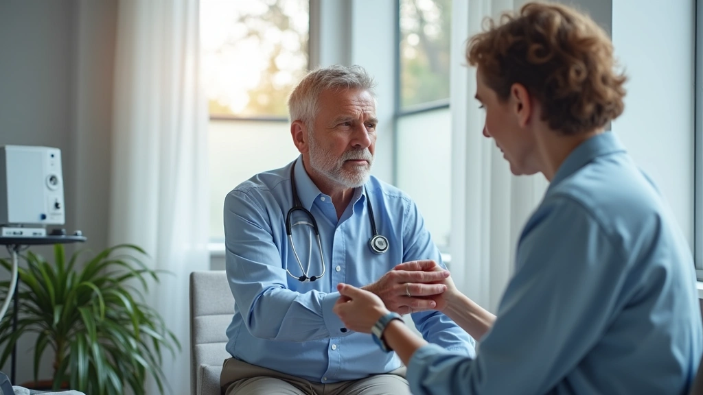 Neurologist conducting movement assessment on mature patient, examining tremor and motor control, modern medical office with 