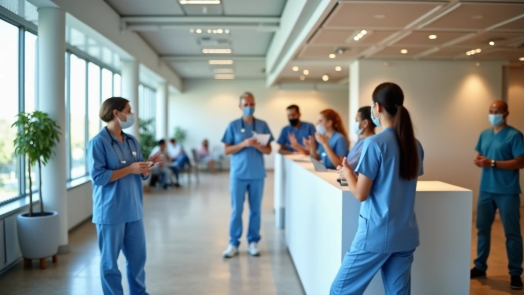 Professional medical clinic reception area with diverse patients checking in, modern healthcare facility interior, welcoming community health center environment