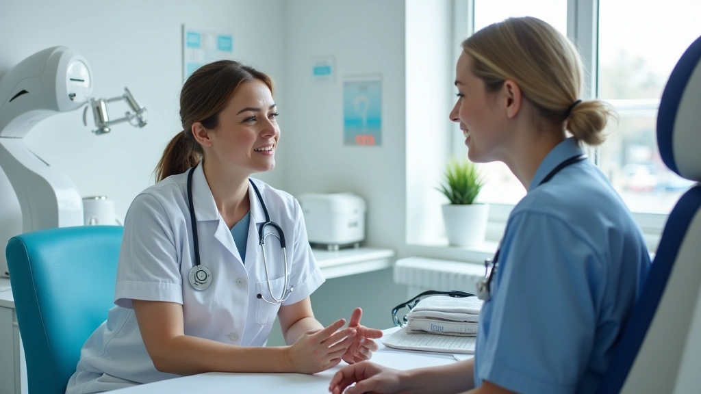 Female healthcare provider conducting patient consultation in clean clinical examination room, professional medical setting w