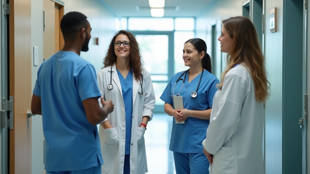 Diverse group of healthcare professionals including doctors, nurses, and mental health counselors in modern community health 