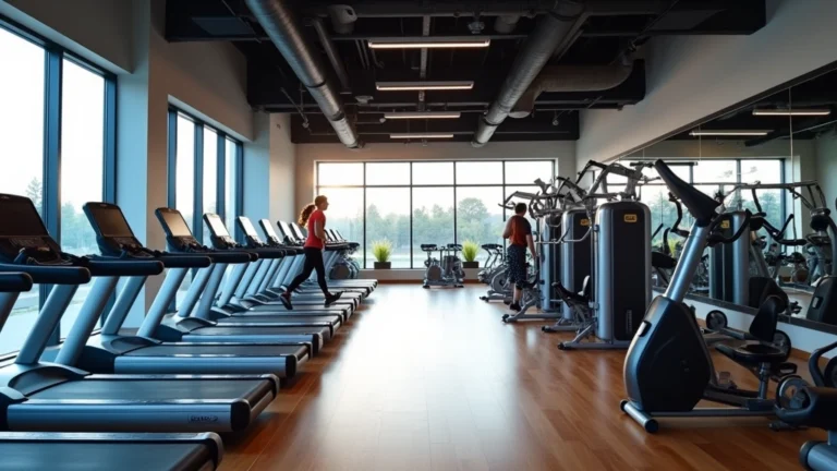 Modern fitness center with rows of cardio machines and strength training equipment, bright natural lighting, professional gym setting with members exercising