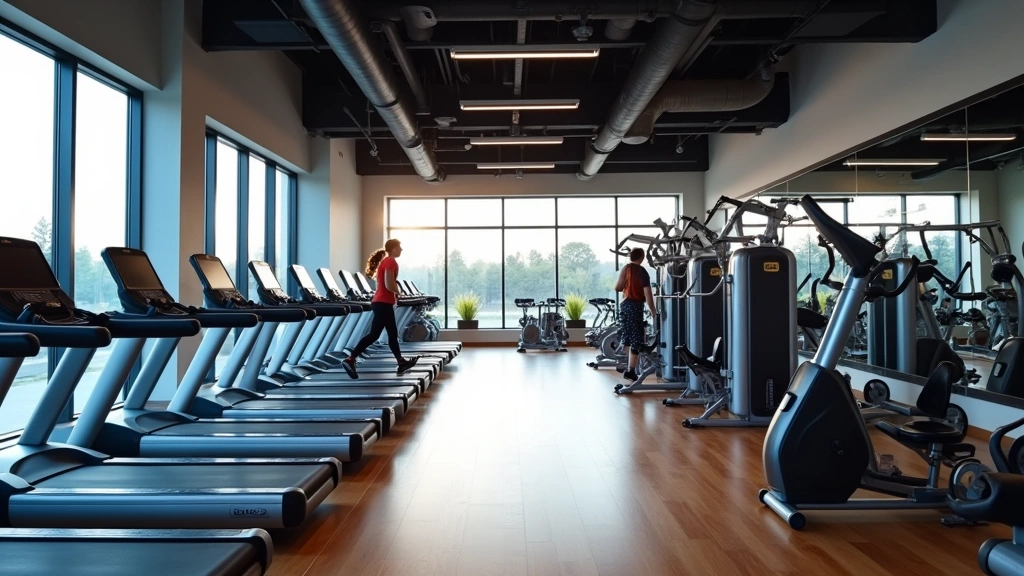 Modern fitness center with rows of cardio machines and strength training equipment, bright natural lighting, professional gym setting with members exercising