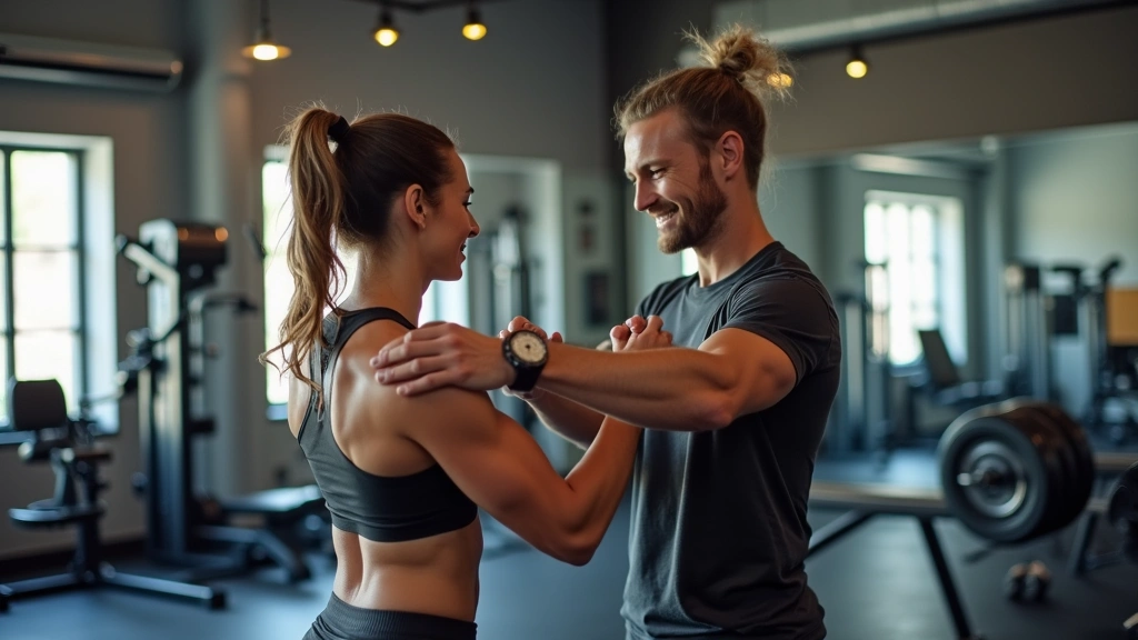 Professional personal trainer assisting member with weightlifting form in well-equipped gym studio, positive supportive inter