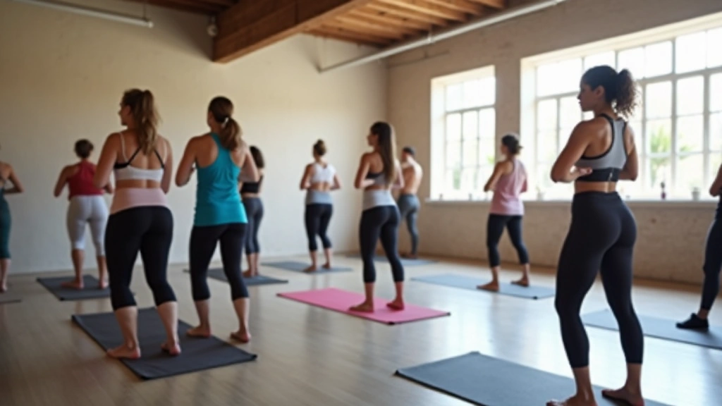 Group fitness class in progress with diverse members participating in yoga or group exercise, instructor leading class in bri