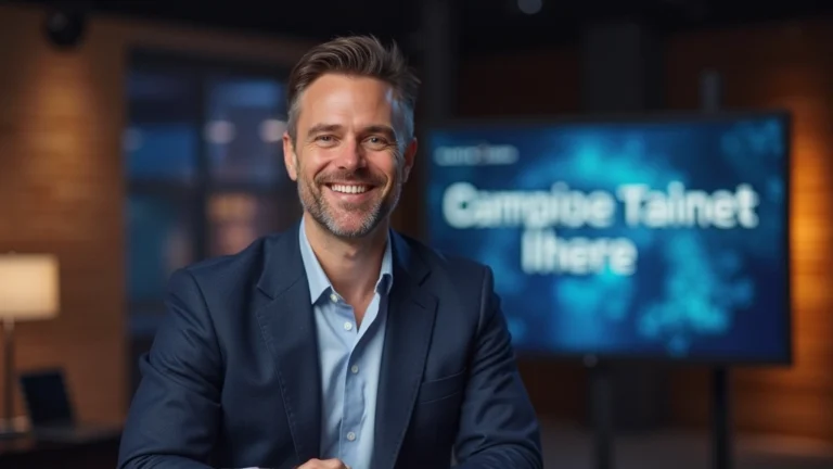 Professional male television host in modern broadcast studio setting, confident posture, warm lighting, professional attire, no text visible