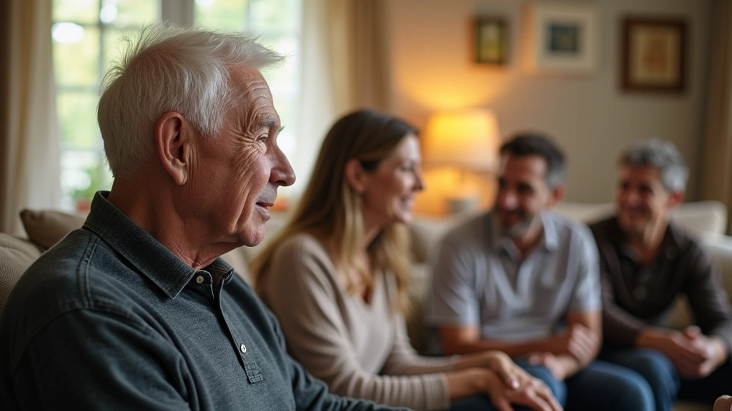 Elderly man in comfortable home setting with family members visiting, warm natural lighting, peaceful living room environment, no text