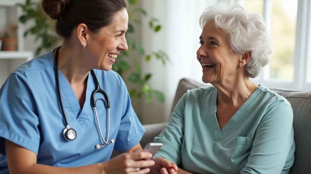 Healthcare provider having compassionate conversation with senior patient during home visit, professional medical setting, ca