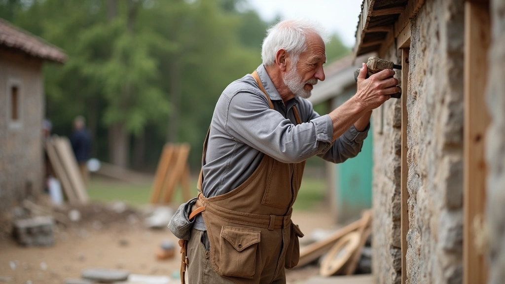 Active senior man working outdoors on community building project, demonstrating physical engagement and purpose, natural dayl