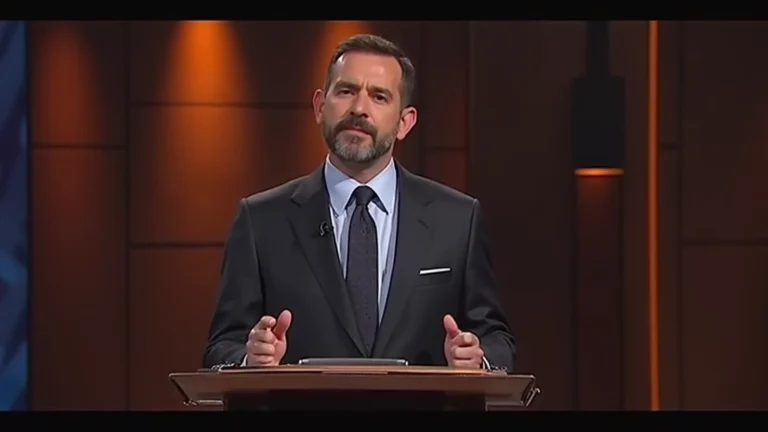 Professional male televangelist in formal suit at podium during church broadcast, warm lighting, contemporary television studio setting