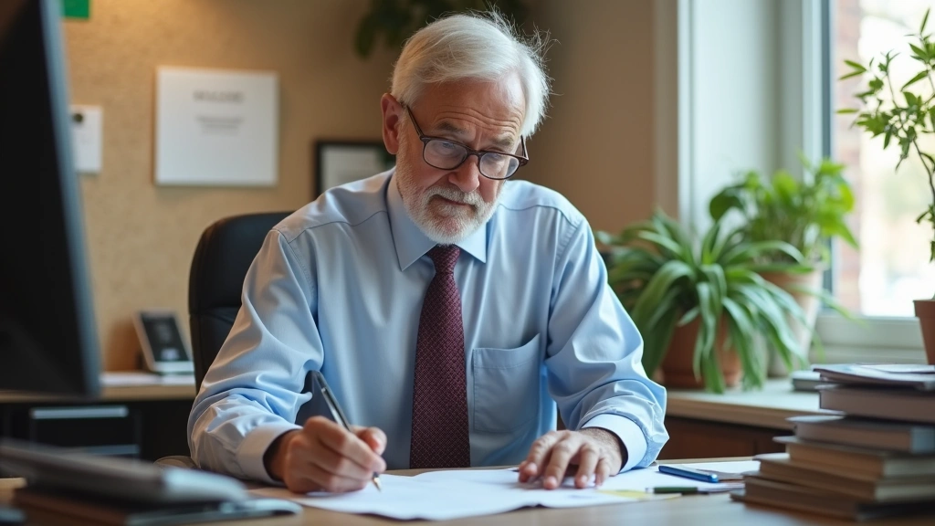 Elderly man in professional attire working at desk with ministry materials, Baton Rouge office environment, natural daylight