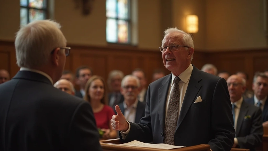 Senior gentleman speaking to congregation from pulpit, respectful religious setting, engaged audience in background