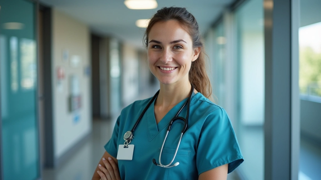 Professional healthcare worker in modern hospital corridor wearing scrubs and ID badge, natural lighting, confident posture, modern medical facility background