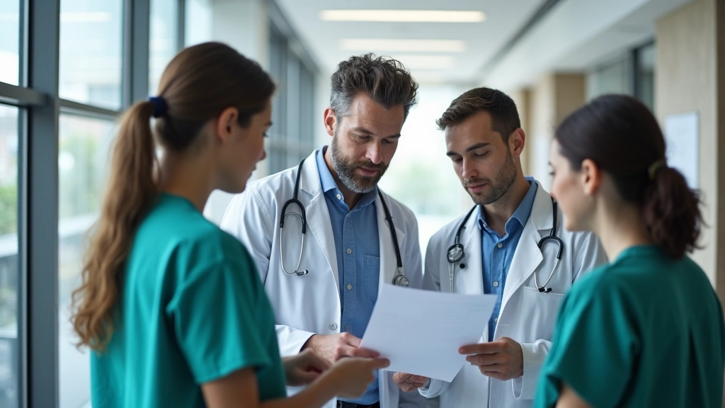 Diverse team of healthcare professionals in hospital break room reviewing documents together, collaborative atmosphere, moder
