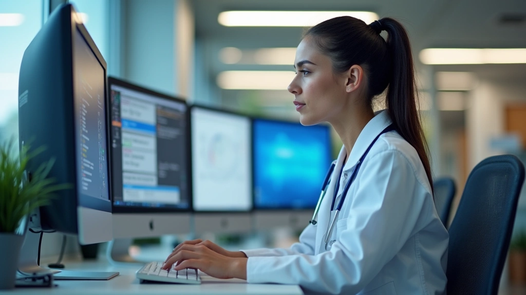 Medical professional at computer workstation in hospital office reviewing applicant information, modern healthcare IT environ