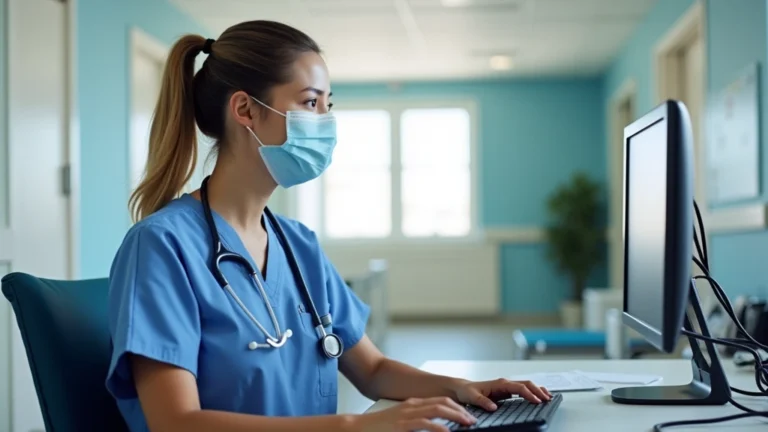 Professional healthcare worker in medical scrubs working at hospital desk with computer, California medical facility background, natural lighting