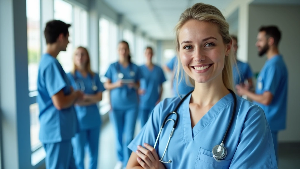 Diverse group of healthcare professionals including nurses and administrators in modern hospital corridor, collaborative team