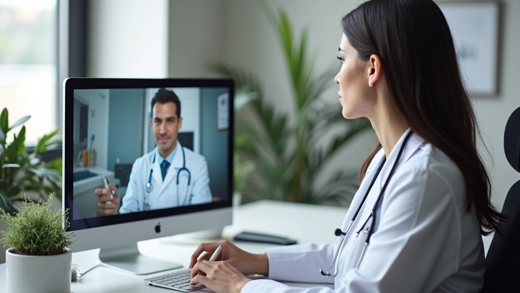 Medical professional conducting virtual telehealth consultation on computer in office setting, remote healthcare work