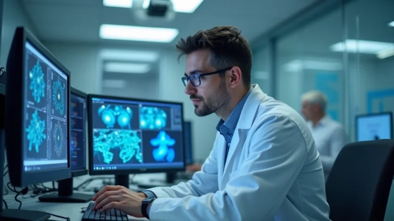 Professional epidemiologist analyzing disease surveillance data on computer monitors in modern public health laboratory, focused expression, clinical setting