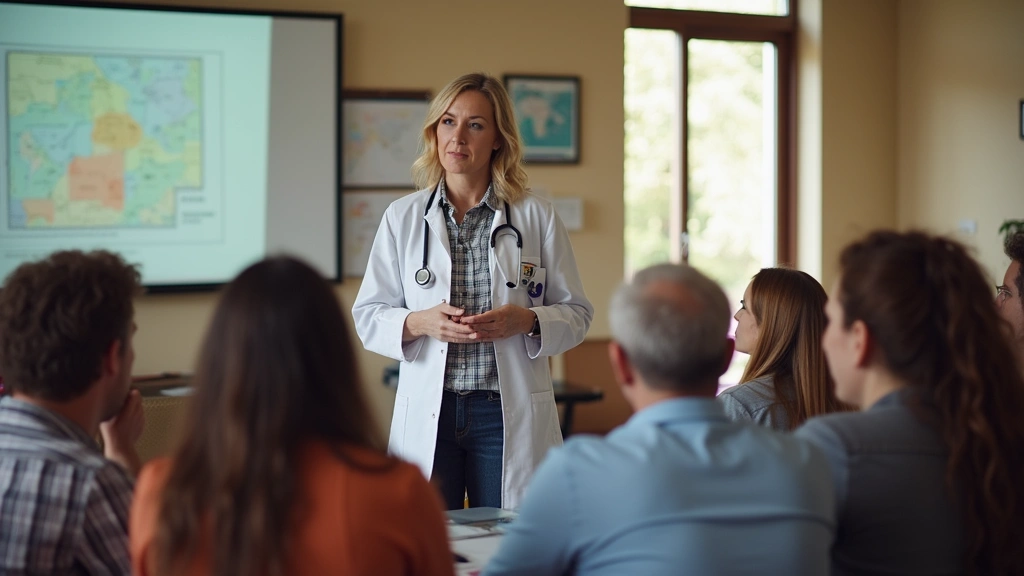 Health educator conducting community health presentation to diverse group in community center, informative atmosphere, real p
