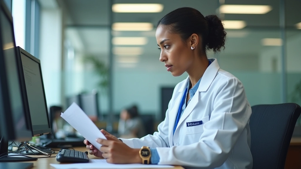 Public health official in state health department office reviewing health policy documents and outbreak reports, professional