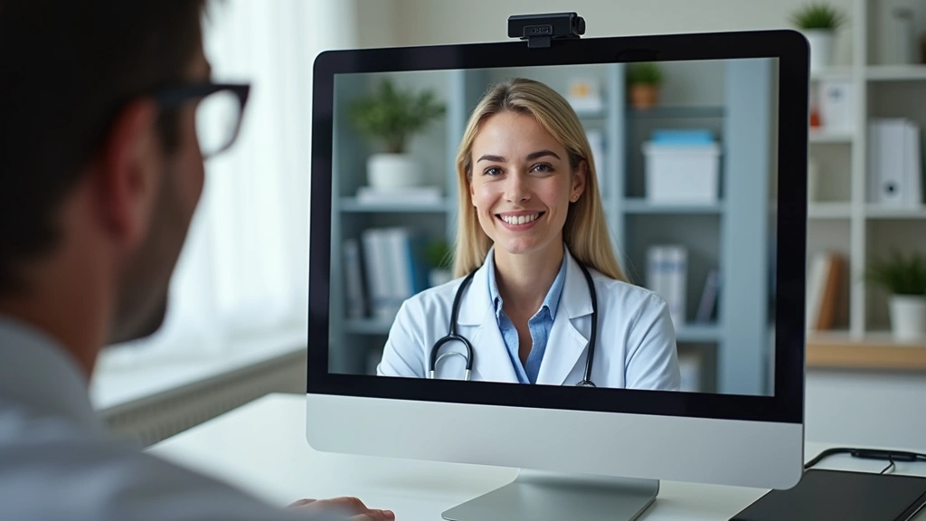 Telehealth psychiatric appointment showing patient on secure video call with psychiatrist in clinical setting, virtual mental