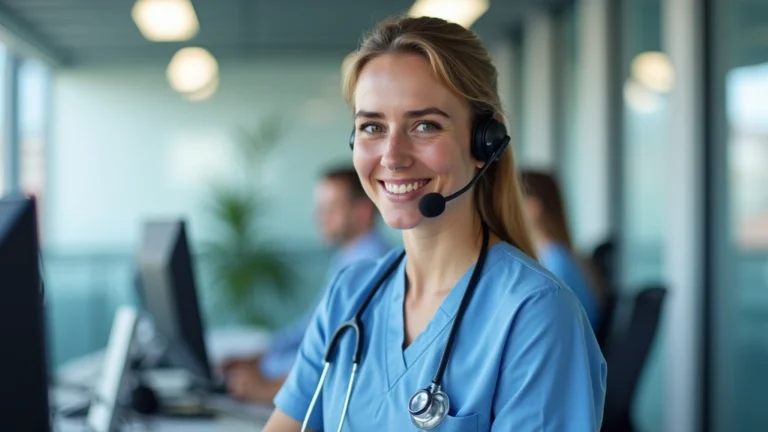Professional nurse in medical scrubs speaking on telephone headset in modern healthcare call center, calm reassuring expression, clinical background