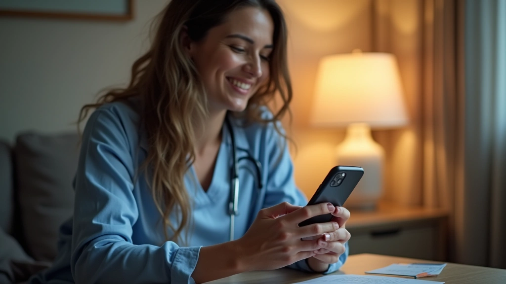 Patient at home calling healthcare nurse hotline using smartphone, sitting comfortably, warm lighting, health insurance card 